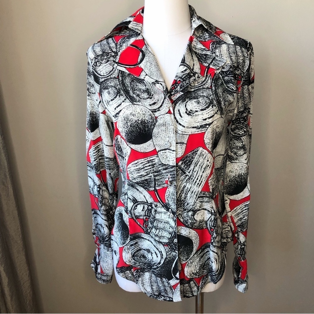 Vintage art to wear red black white graphic print long sleeve blouse S